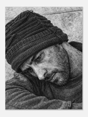 Personalized pencil drawing poster of a young man in thoughtful posture, custom realistic sketch wall art print for modern home decor.