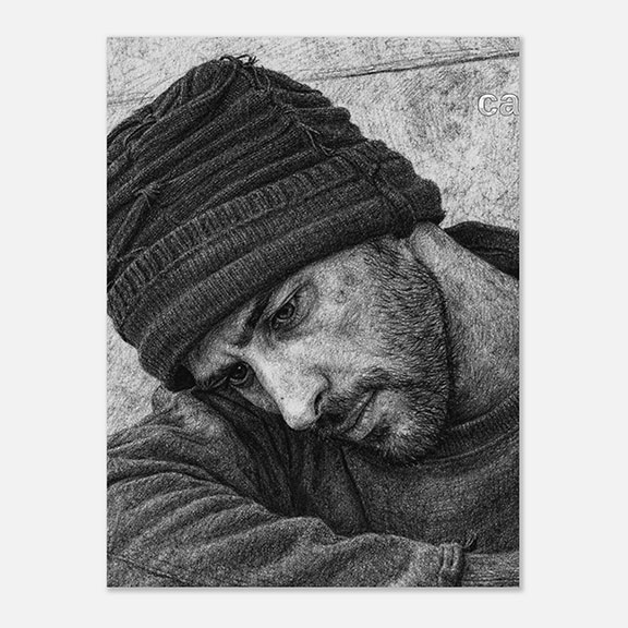 Personalized pencil drawing poster of a young man in thoughtful posture, custom realistic sketch wall art print for modern home decor.