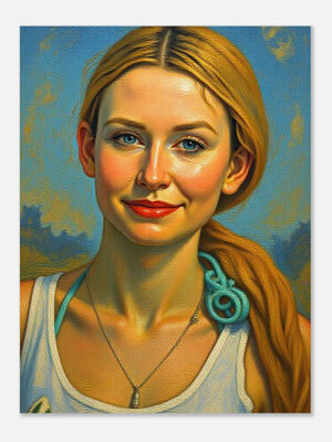 Personalized fresco painting style poster of a pretty blond young woman, custom personalized mural wall art print for elegant home decor.