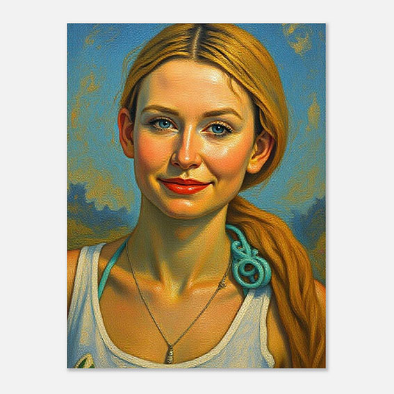 Frameless-Fresco-Painting-Style Personalized fresco painting style poster of a pretty blond young woman, custom personalized mural wall art print for elegant home decor.