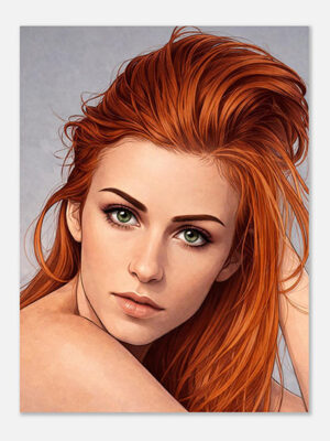 Woman-Illustration-Exposition Personalized person illustration poster of a beautiful young red hair woman, digital wall art print for modern home decor.