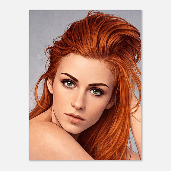 Personalized person illustration poster of a beautiful young red hair woman, digital wall art print for modern home decor.